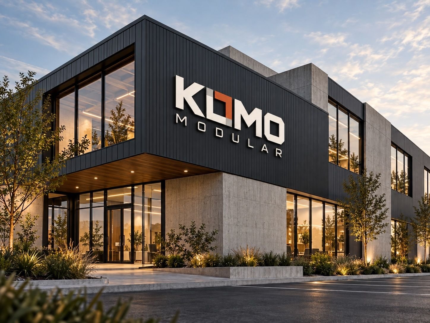 Komo Modular building with dark metal cladding cantilevered over a concrete base